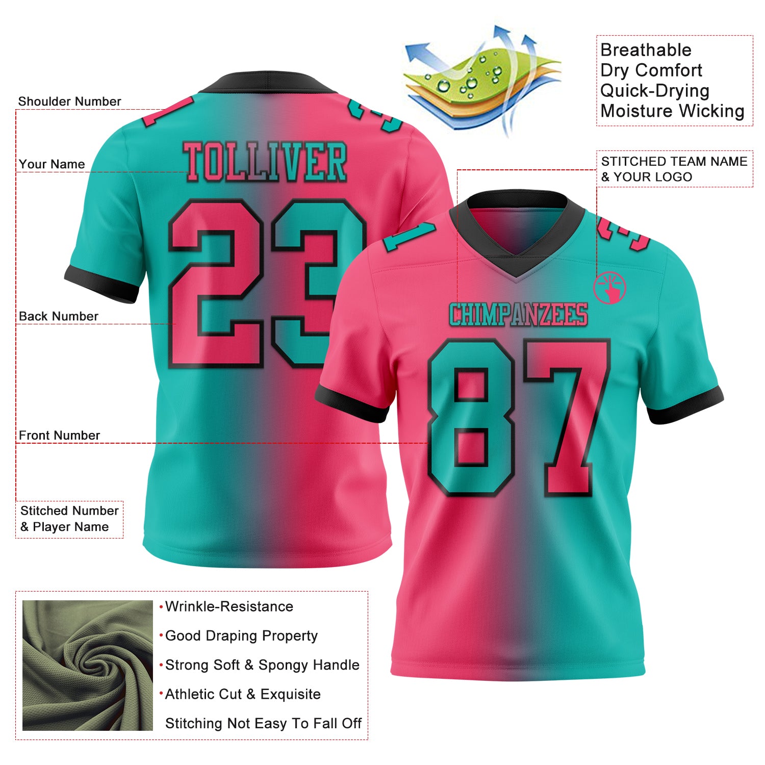Custom Aqua Neon Pink-Black Authentic Gradient Fashion Football Jersey