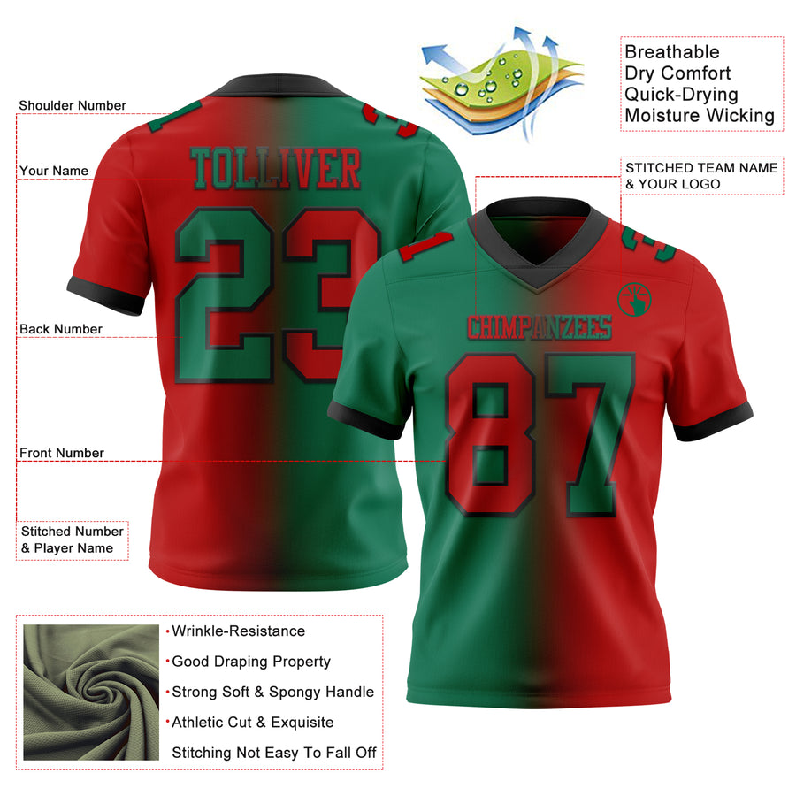 Custom Red Kelly Green-Black Authentic Gradient Fashion Football Jersey