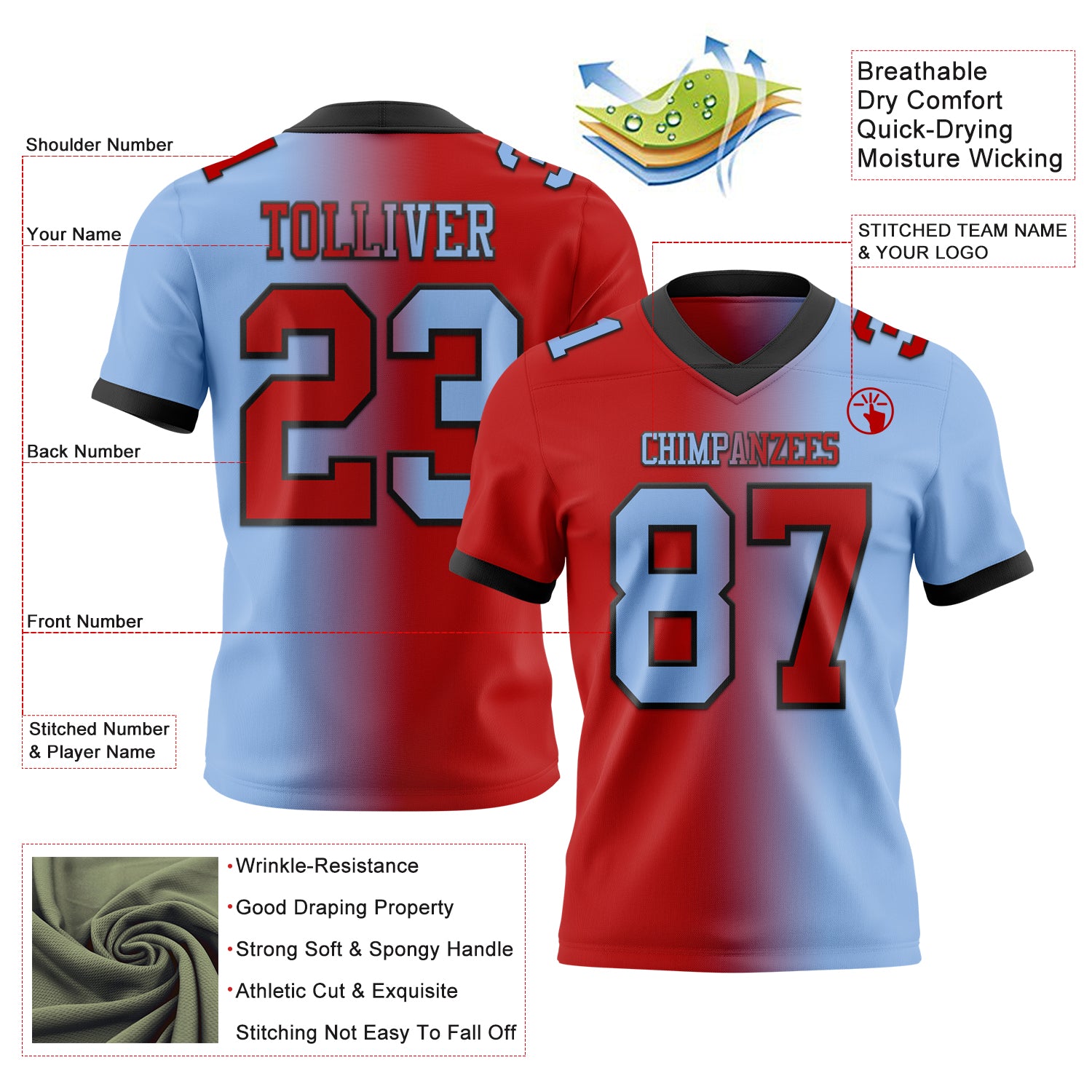 Custom Light Blue Red-Black Authentic Gradient Fashion Football Jersey