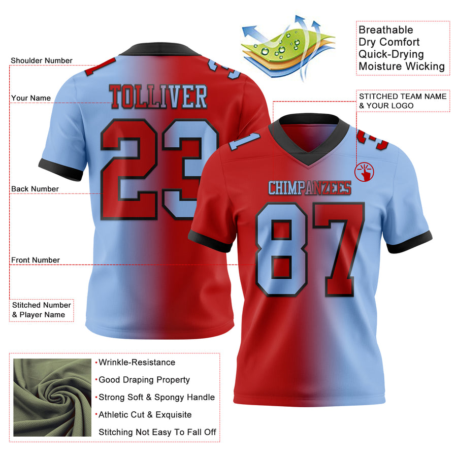 Custom Light Blue Red-Black Authentic Gradient Fashion Football Jersey