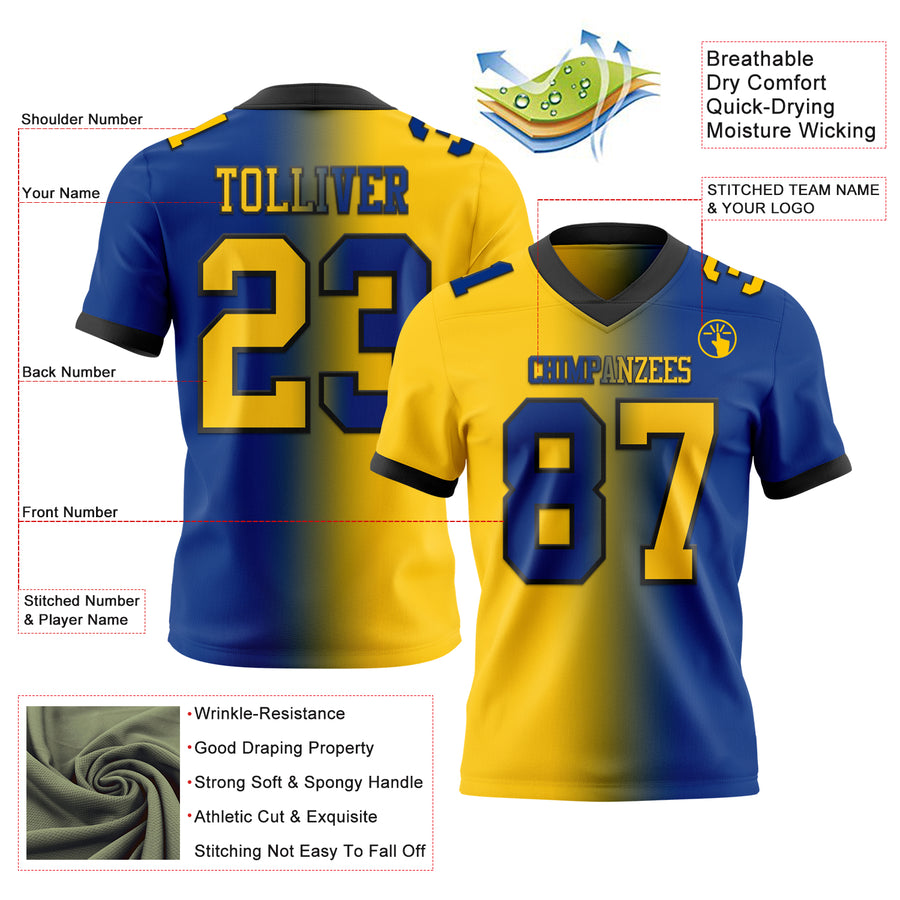 Custom Royal Yellow-Black Authentic Gradient Fashion Football Jersey
