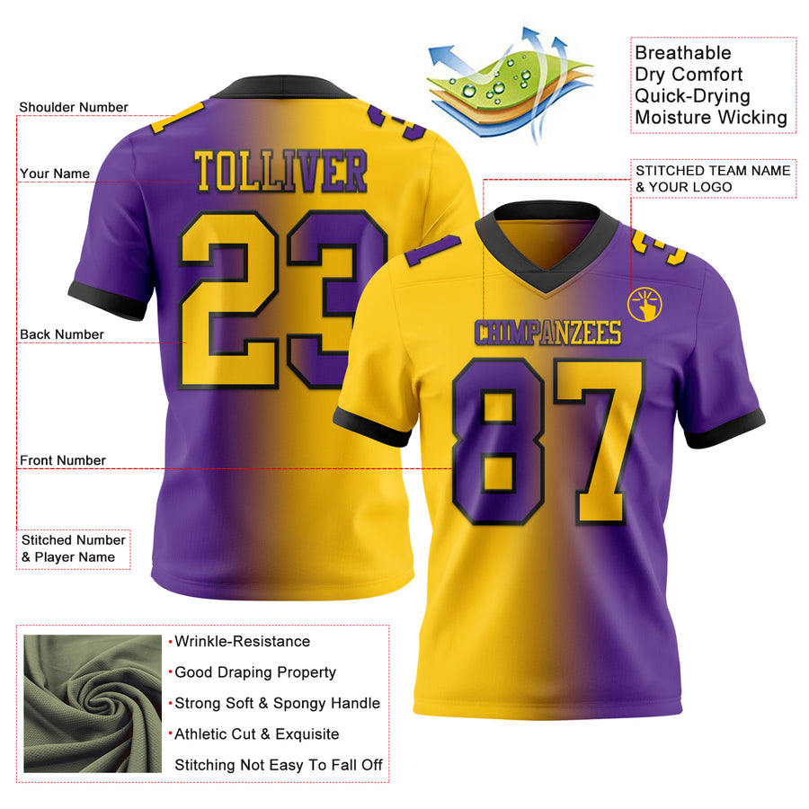 Custom Purple Yellow-Black Authentic Gradient Fashion Football Jersey