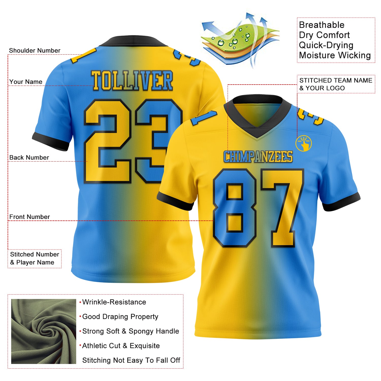 Custom Powder Blue Yellow-Black Authentic Gradient Fashion Football Jersey