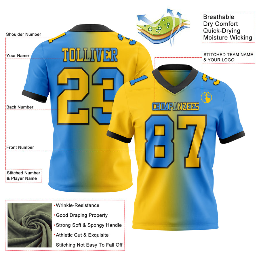 Custom Powder Blue Yellow-Black Authentic Gradient Fashion Football Jersey