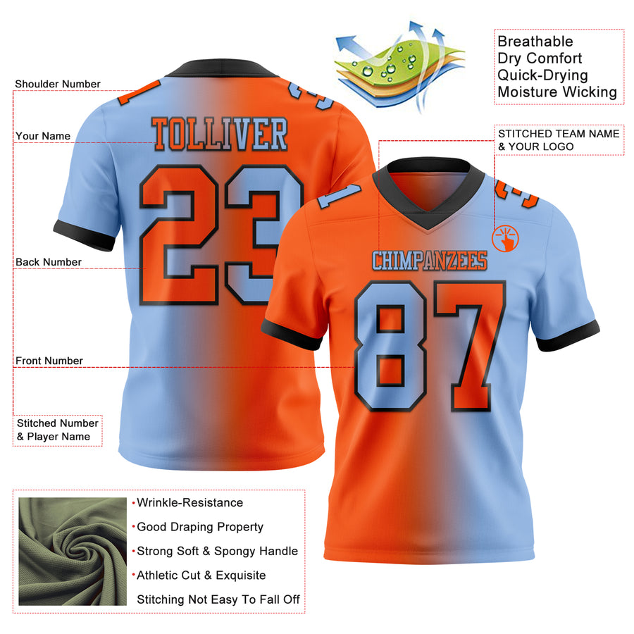 Custom Light Blue Orange-Black Authentic Gradient Fashion Football Jersey