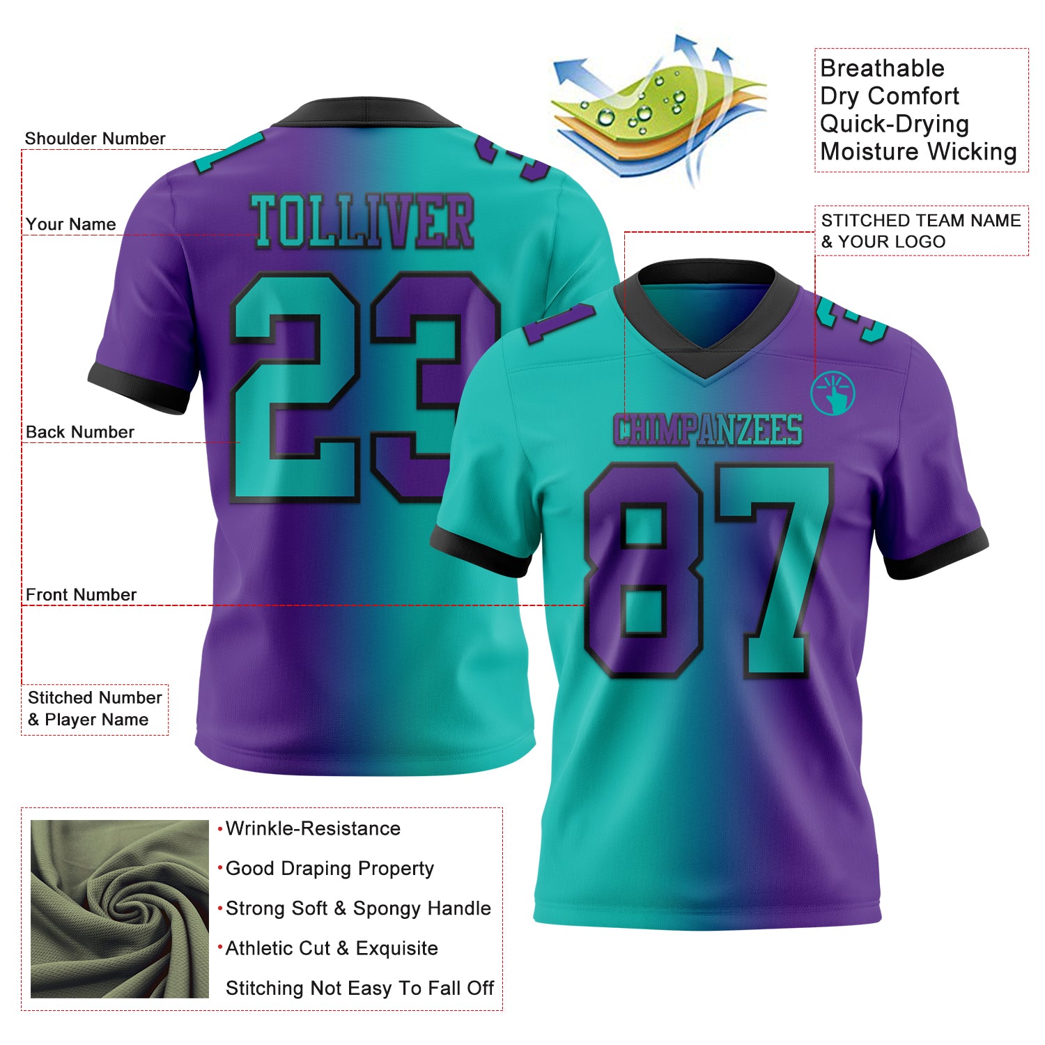 Custom Purple Aqua-Black Authentic Gradient Fashion Football Jersey