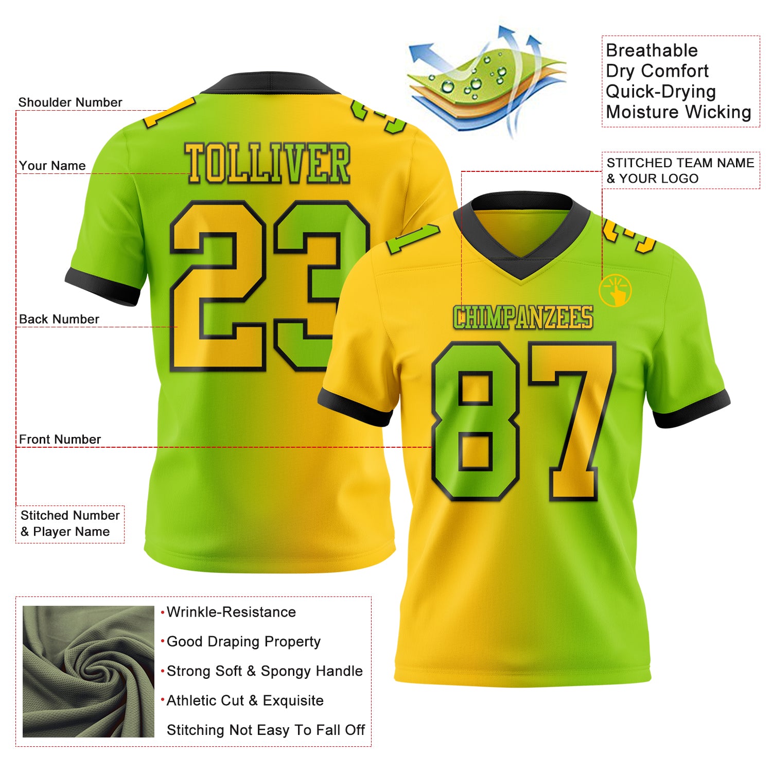 Custom Neon Green Yellow-Black Authentic Gradient Fashion Football Jersey