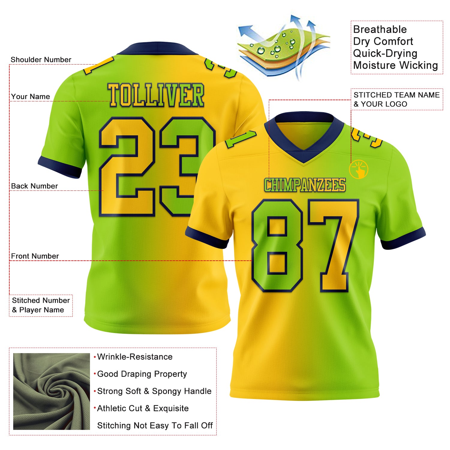 Custom Neon Green Yellow-Navy Authentic Gradient Fashion Football Jersey