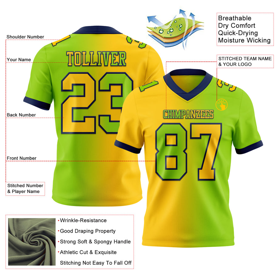 Custom Neon Green Yellow-Navy Authentic Gradient Fashion Football Jersey