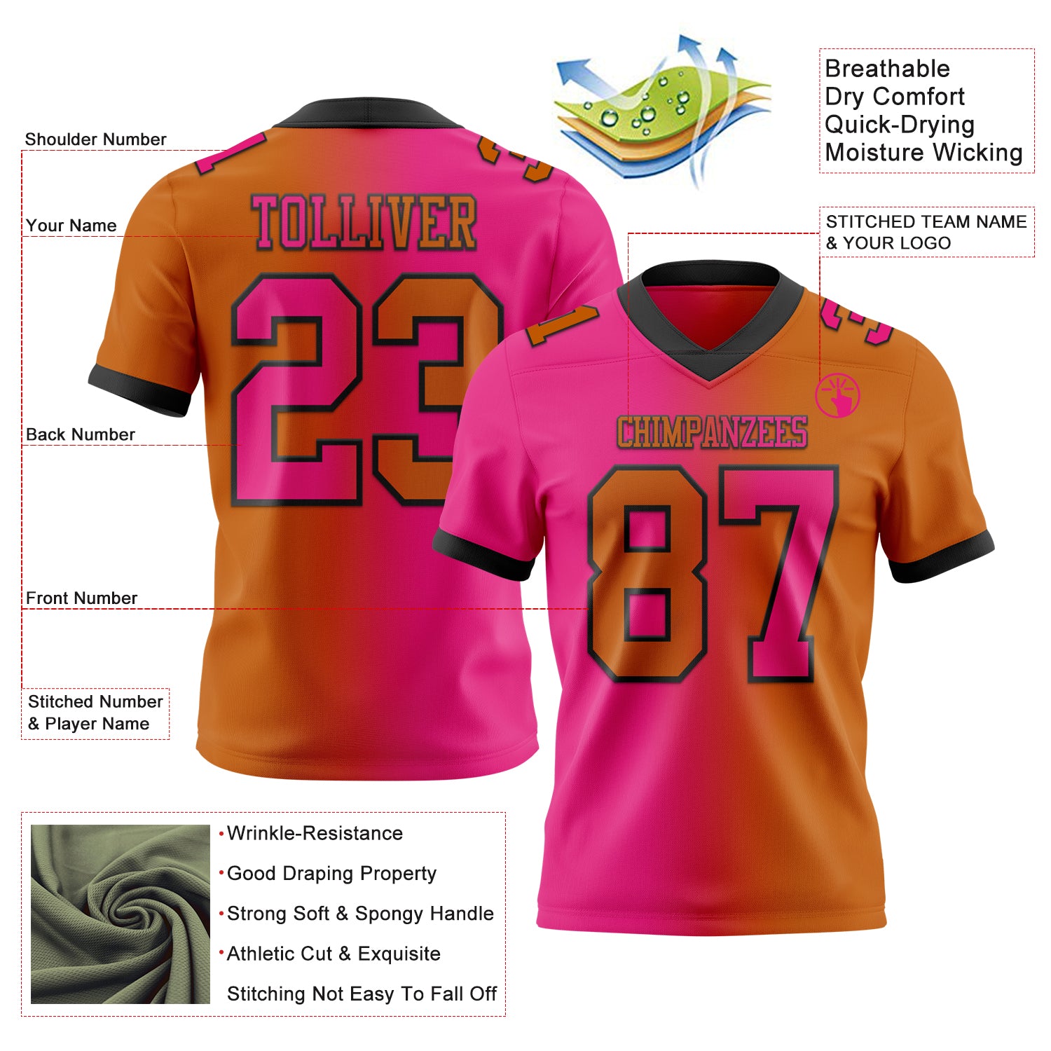 Custom Texas Orange Hot Pink-Black Authentic Gradient Fashion Football Jersey