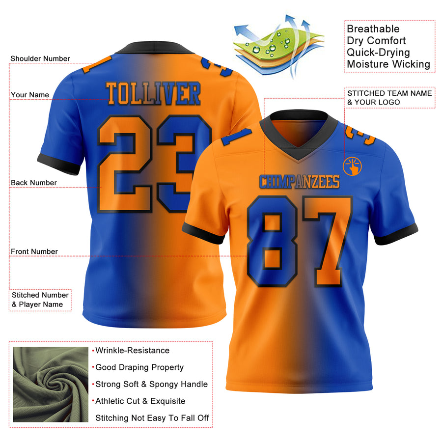 Custom Thunder Blue Bay Orange-Black Authentic Gradient Fashion Football Jersey