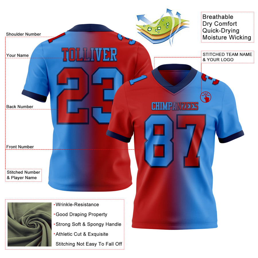 Custom Powder Blue Red-Navy Authentic Gradient Fashion Football Jersey