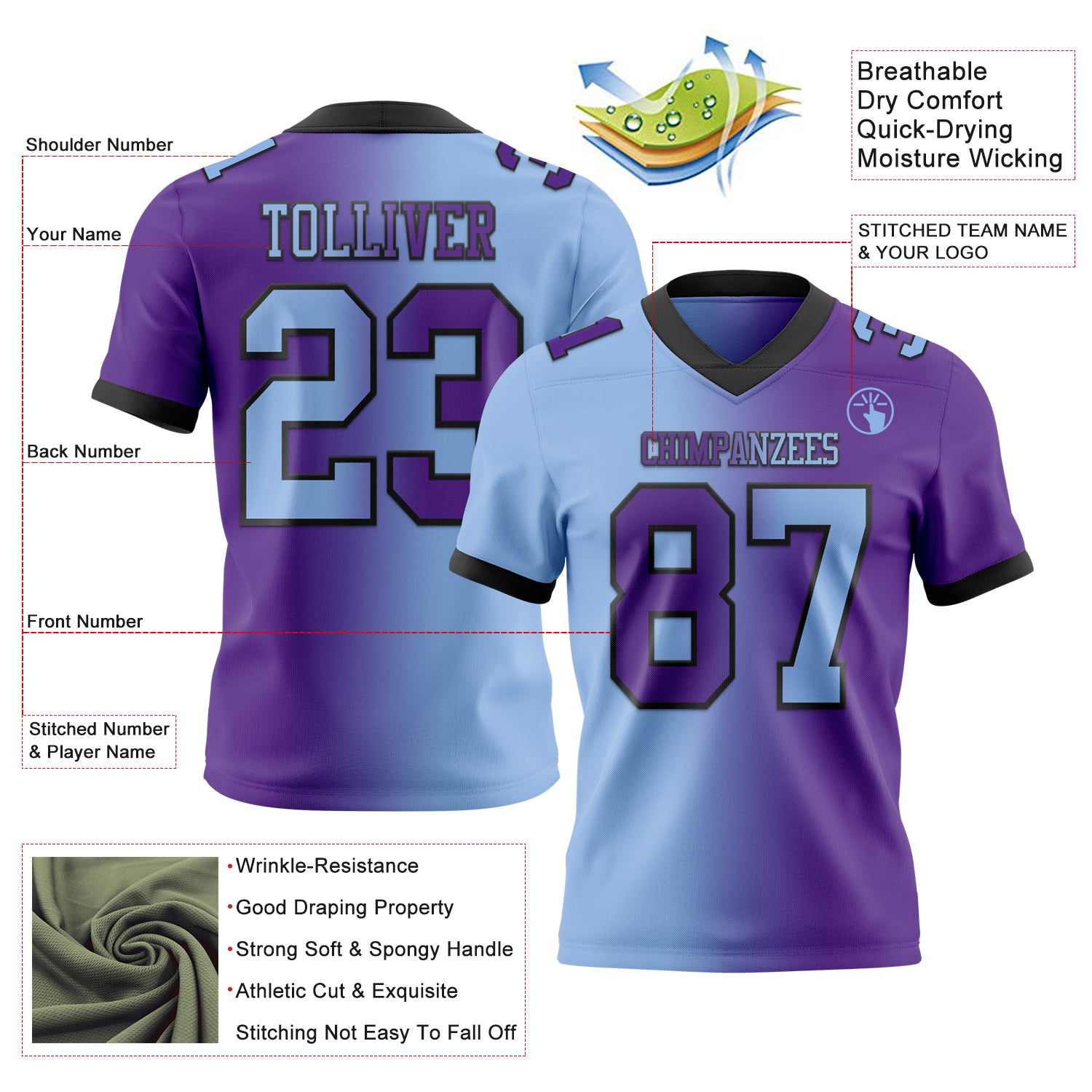 Custom Purple Light Blue-Black Authentic Gradient Fashion Football Jersey