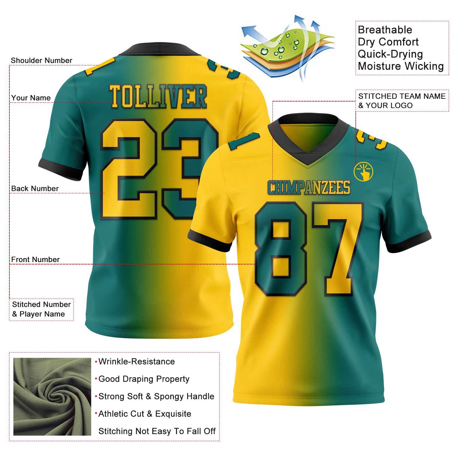 Custom Teal Yellow-Black Authentic Gradient Fashion Football Jersey