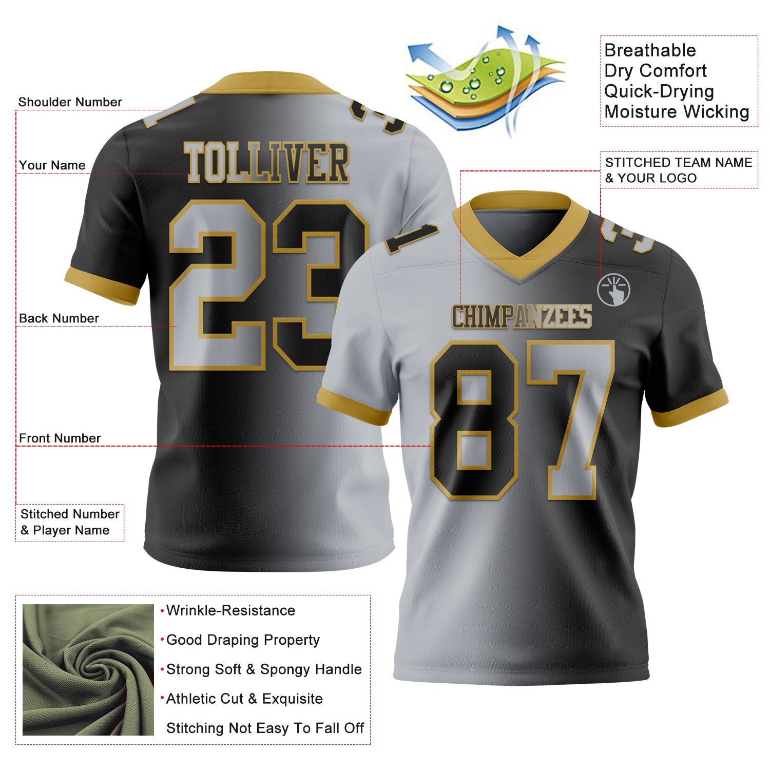 Custom Black Gray-Old Gold Authentic Gradient Fashion Football Jersey