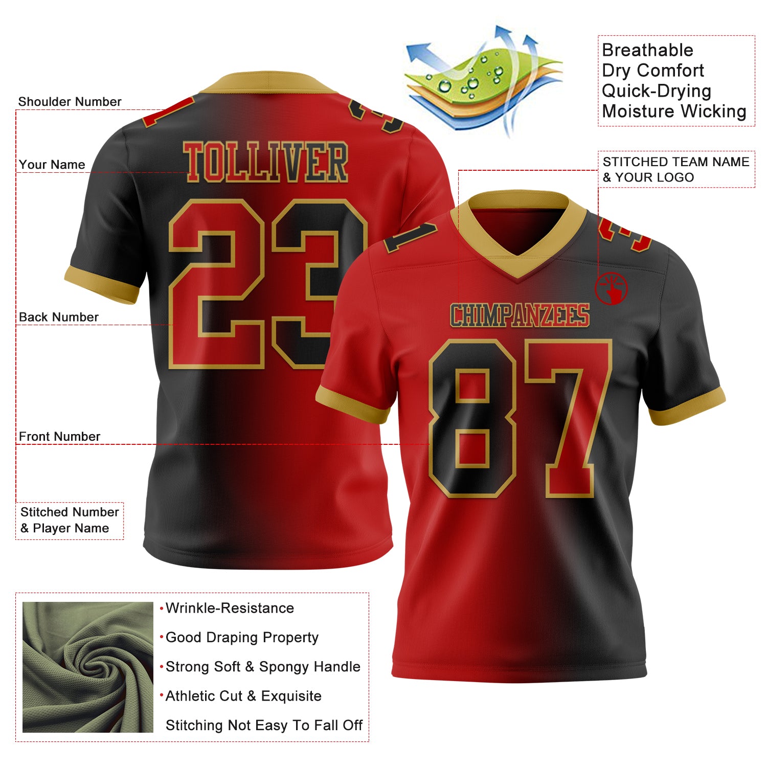 Custom Black Red-Old Gold Authentic Gradient Fashion Football Jersey