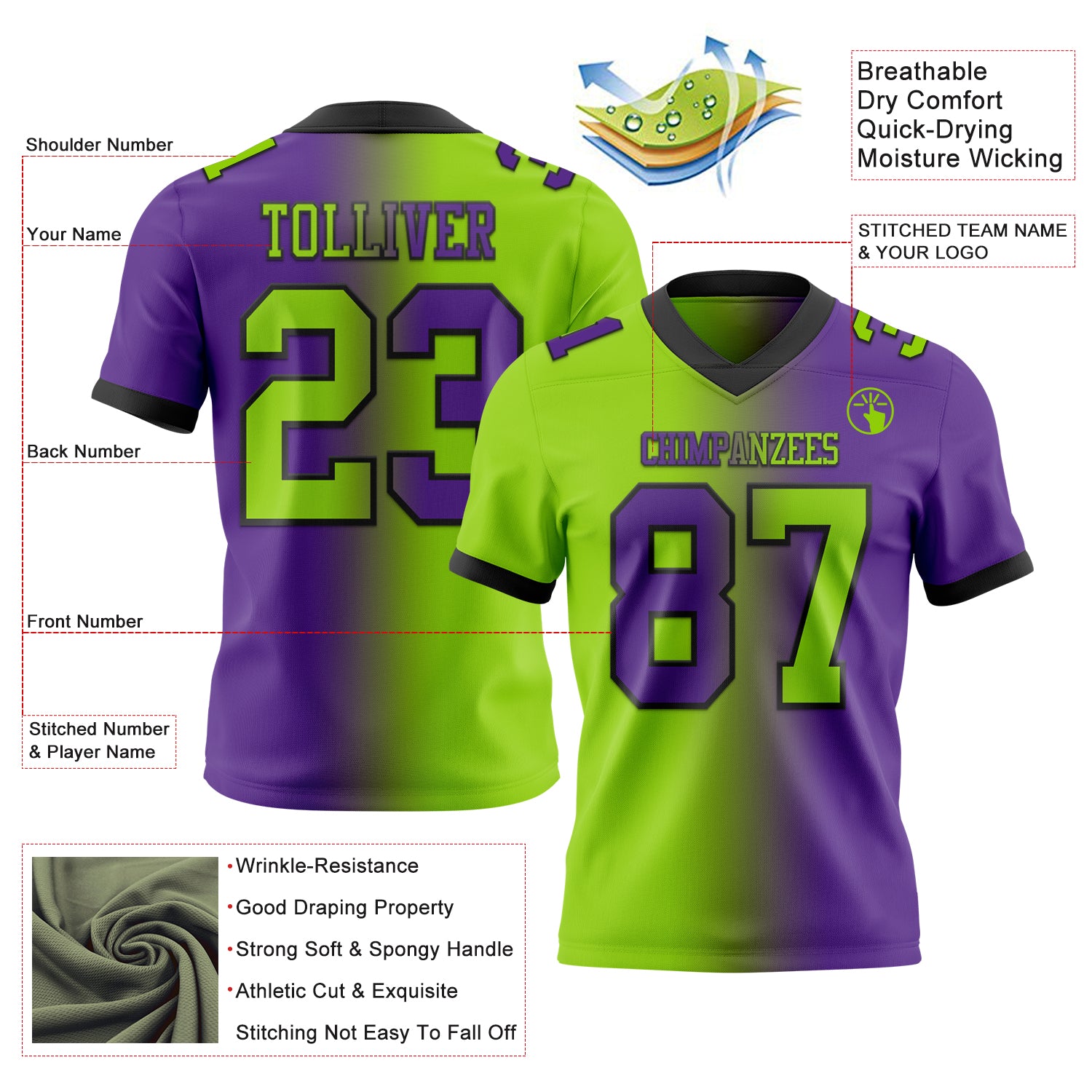 Custom Purple Neon Green-Black Authentic Gradient Fashion Football Jersey
