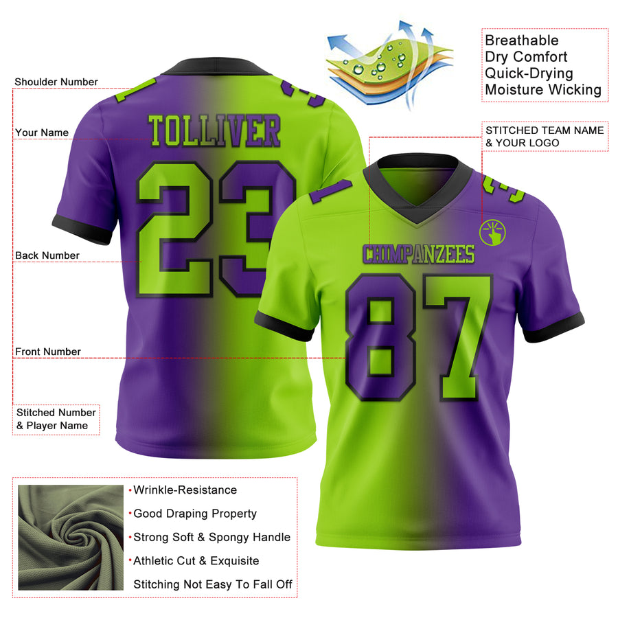 Custom Purple Neon Green-Black Authentic Gradient Fashion Football Jersey
