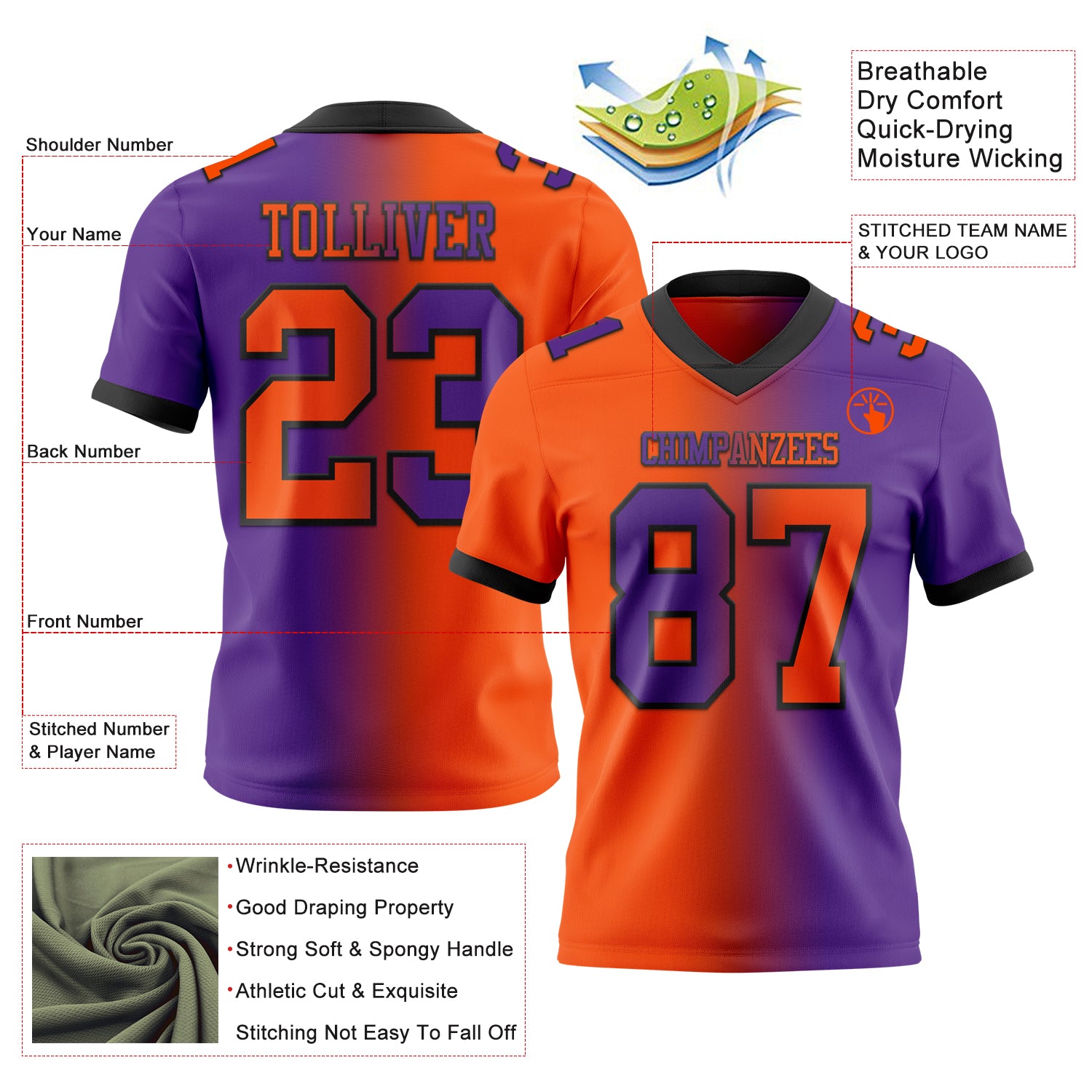 Custom Purple Orange-Black Authentic Gradient Fashion Football Jersey