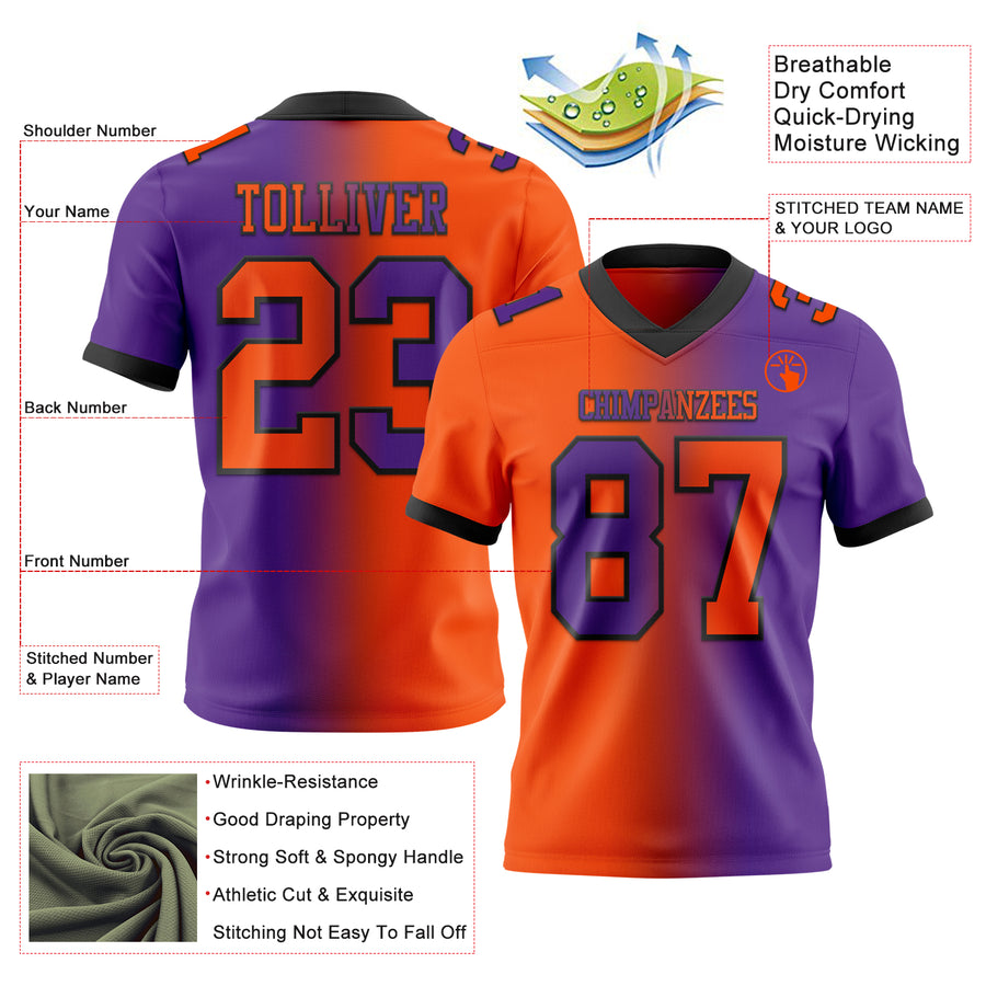 Custom Purple Orange-Black Authentic Gradient Fashion Football Jersey