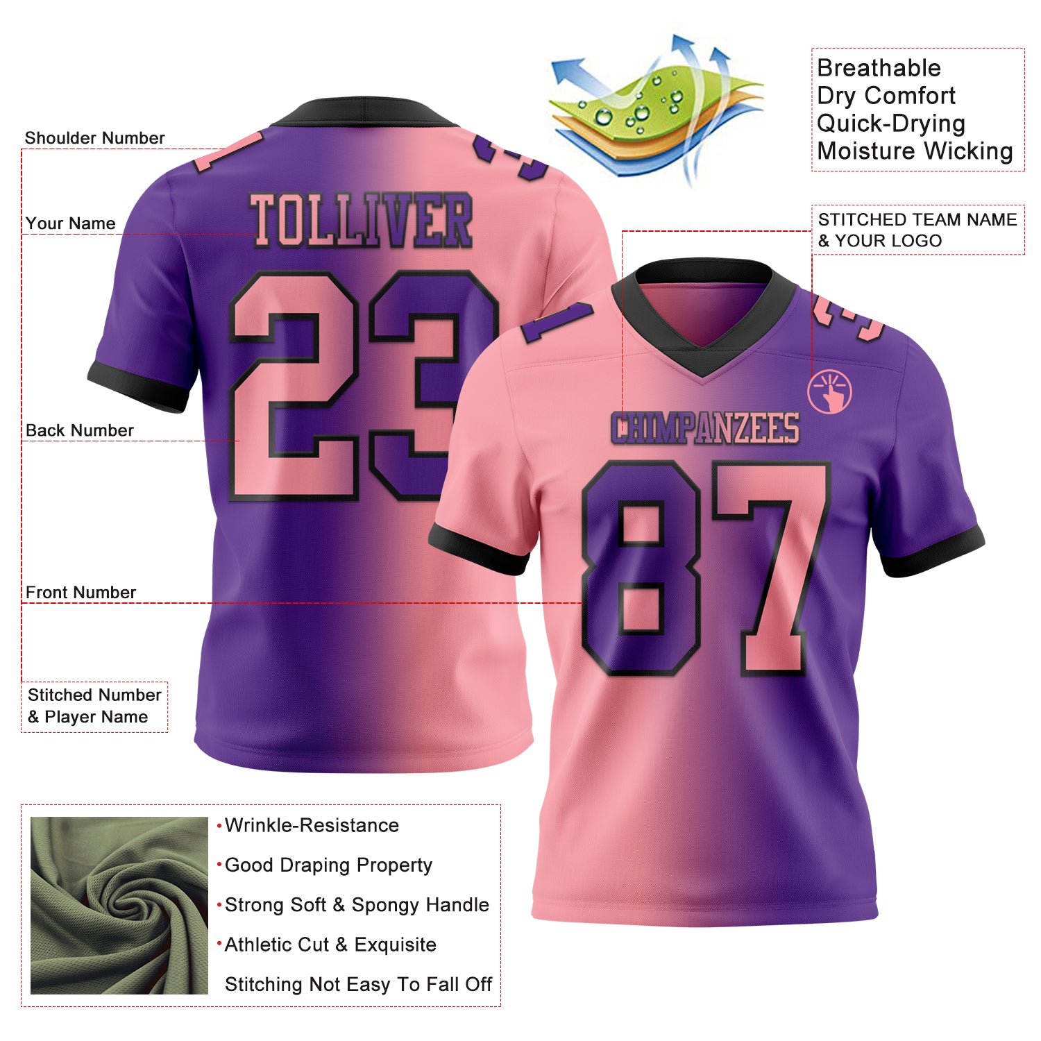 Custom Purple Medium Pink-Black Authentic Gradient Fashion Football Jersey
