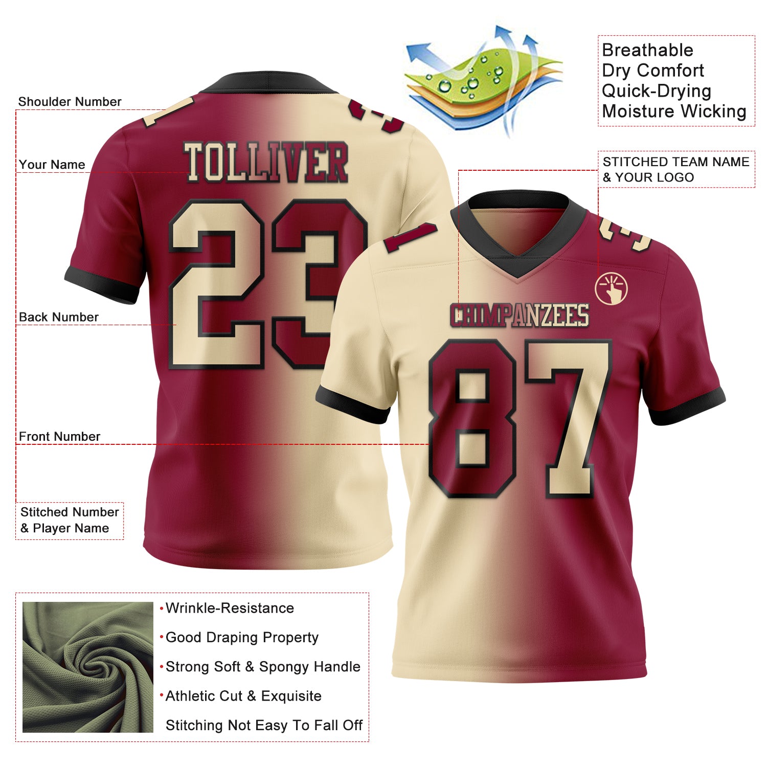 Custom Maroon Cream-Black Authentic Gradient Fashion Football Jersey