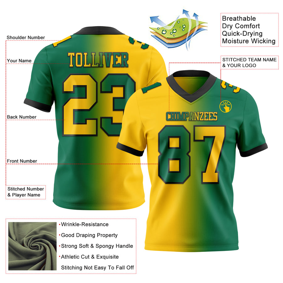 Custom Kelly Green Yellow-Black Authentic Gradient Fashion Football Jersey