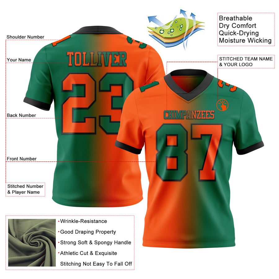 Custom Kelly Green Orange-Black Authentic Gradient Fashion Football Jersey