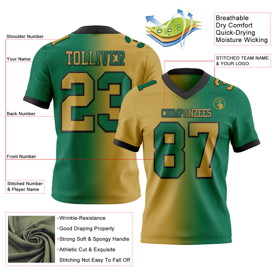 Custom Kelly Green Old Gold-Black Authentic Gradient Fashion Football Jersey