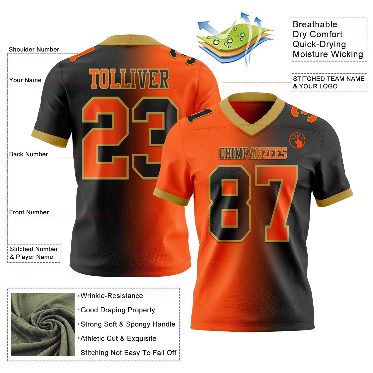 Custom Black Orange-Old Gold Authentic Gradient Fashion Football Jersey