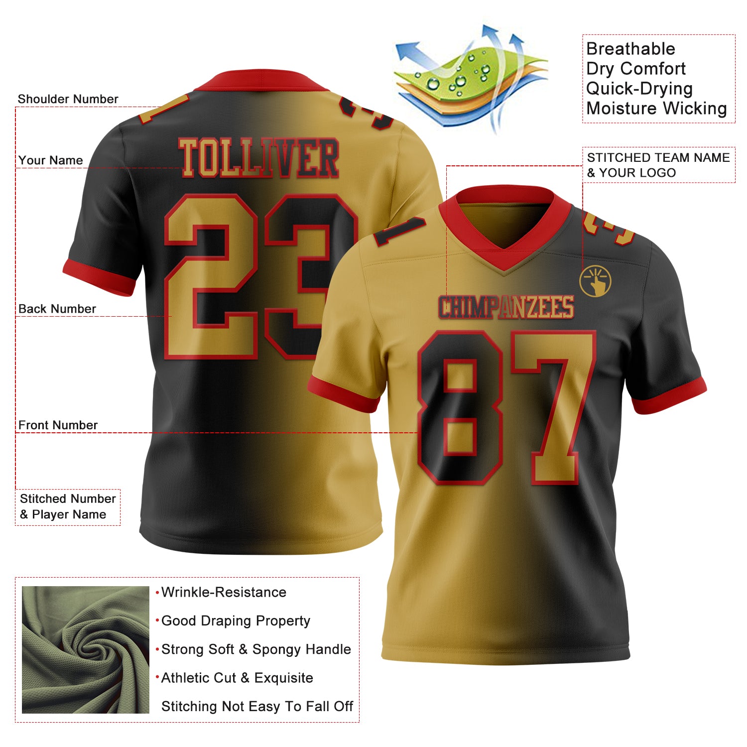 Custom Black Old Gold-Red Authentic Gradient Fashion Football Jersey