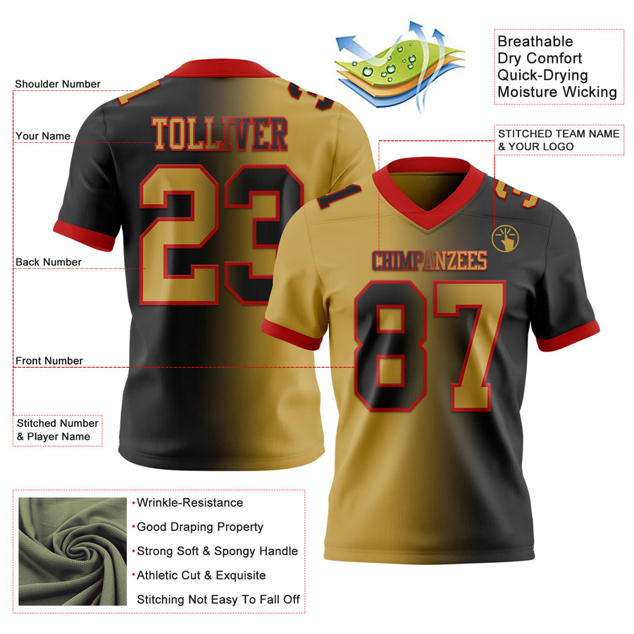 Custom Black Old Gold-Red Authentic Gradient Fashion Football Jersey