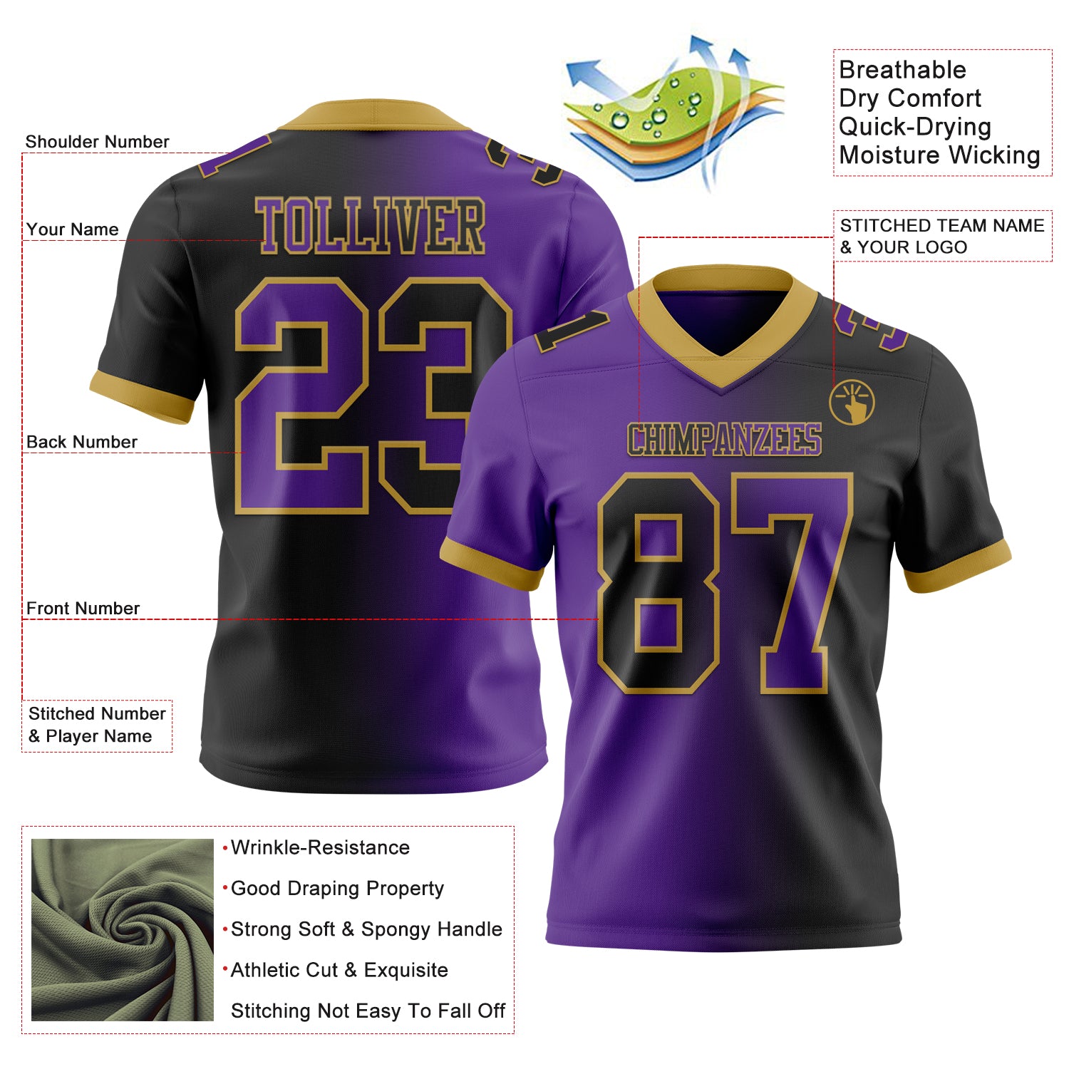 Custom Black Purple-Old Gold Authentic Gradient Fashion Football Jersey