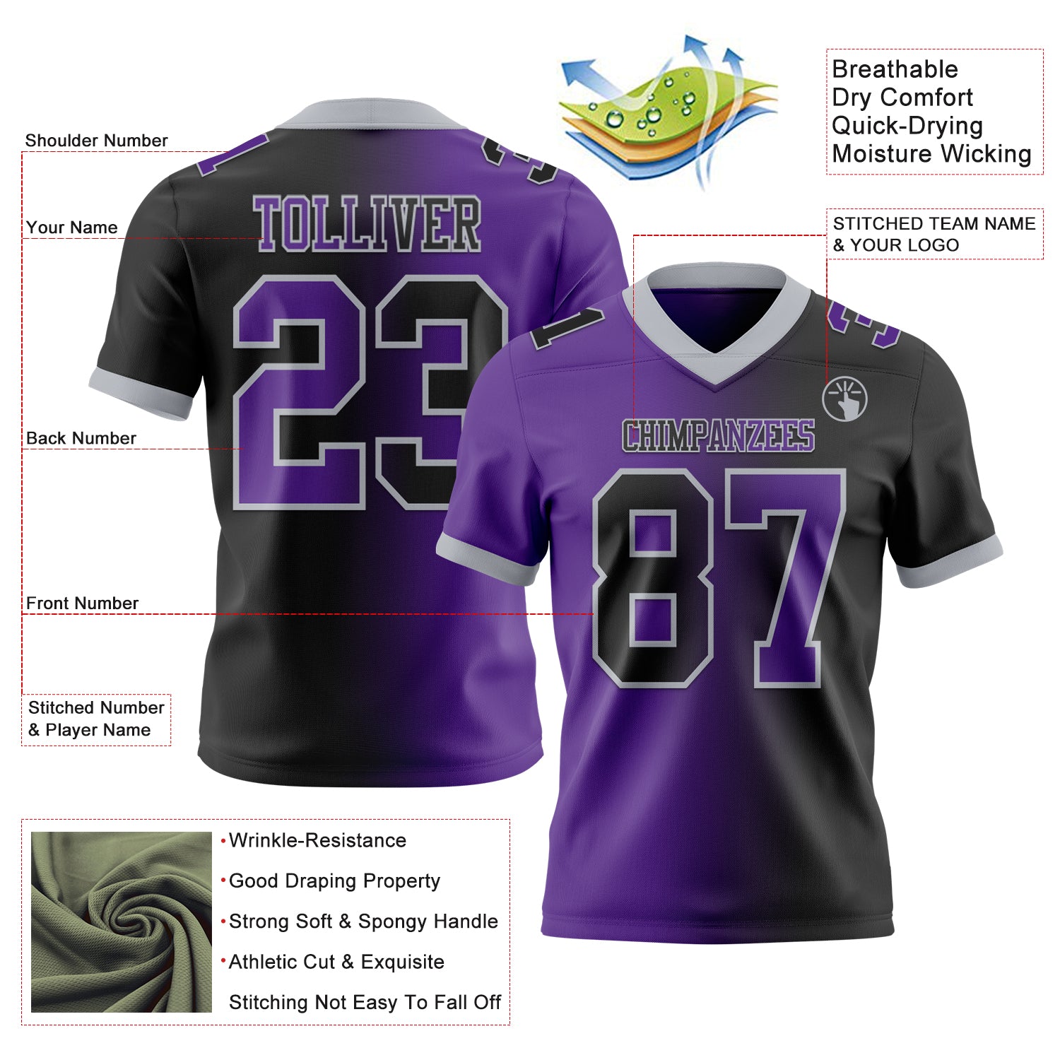 Custom Black Purple-Gray Authentic Gradient Fashion Football Jersey