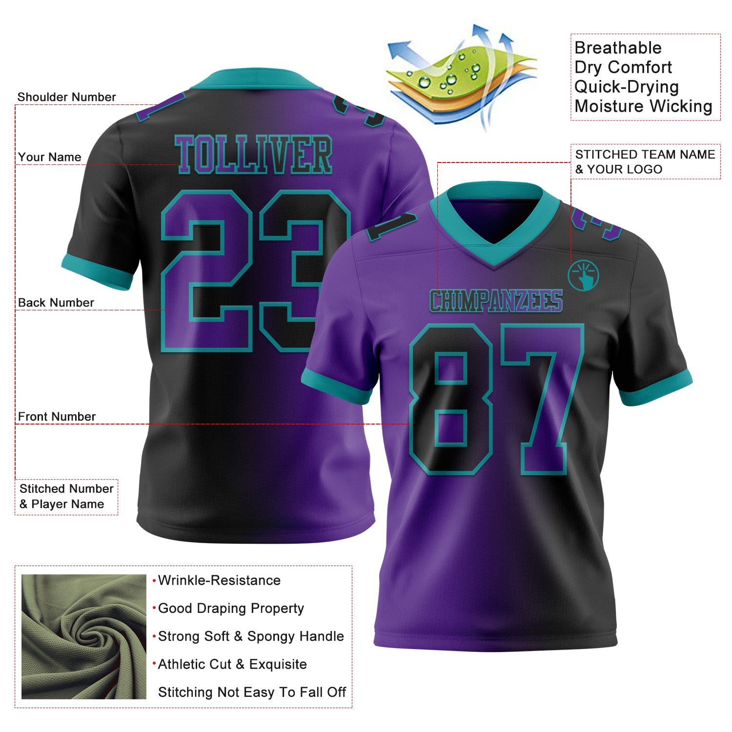 Custom Black Purple-Teal Authentic Gradient Fashion Football Jersey