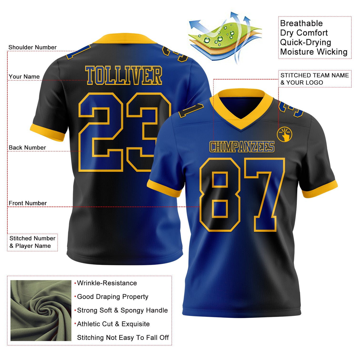 Custom Black Royal-Gold Authentic Gradient Fashion Football Jersey