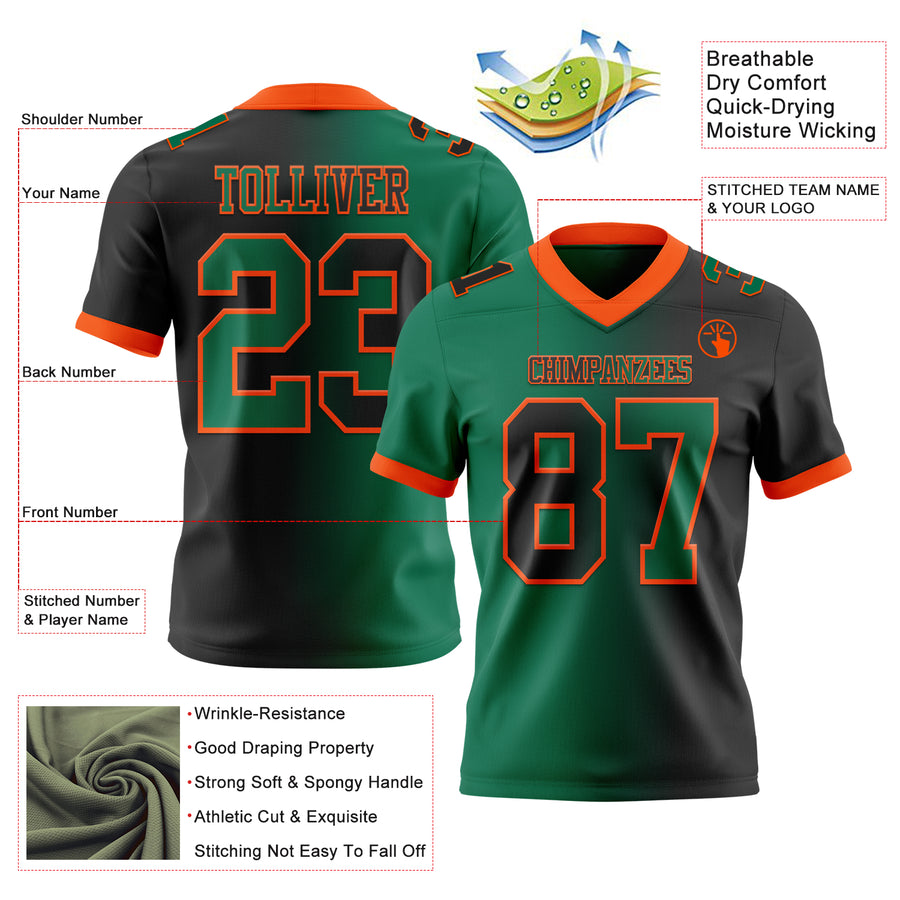 Custom Black Kelly Green-Orange Authentic Gradient Fashion Football Jersey