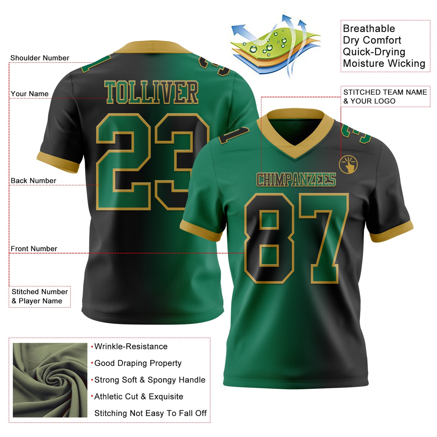 Custom Black Kelly Green-Old Gold Authentic Gradient Fashion Football Jersey