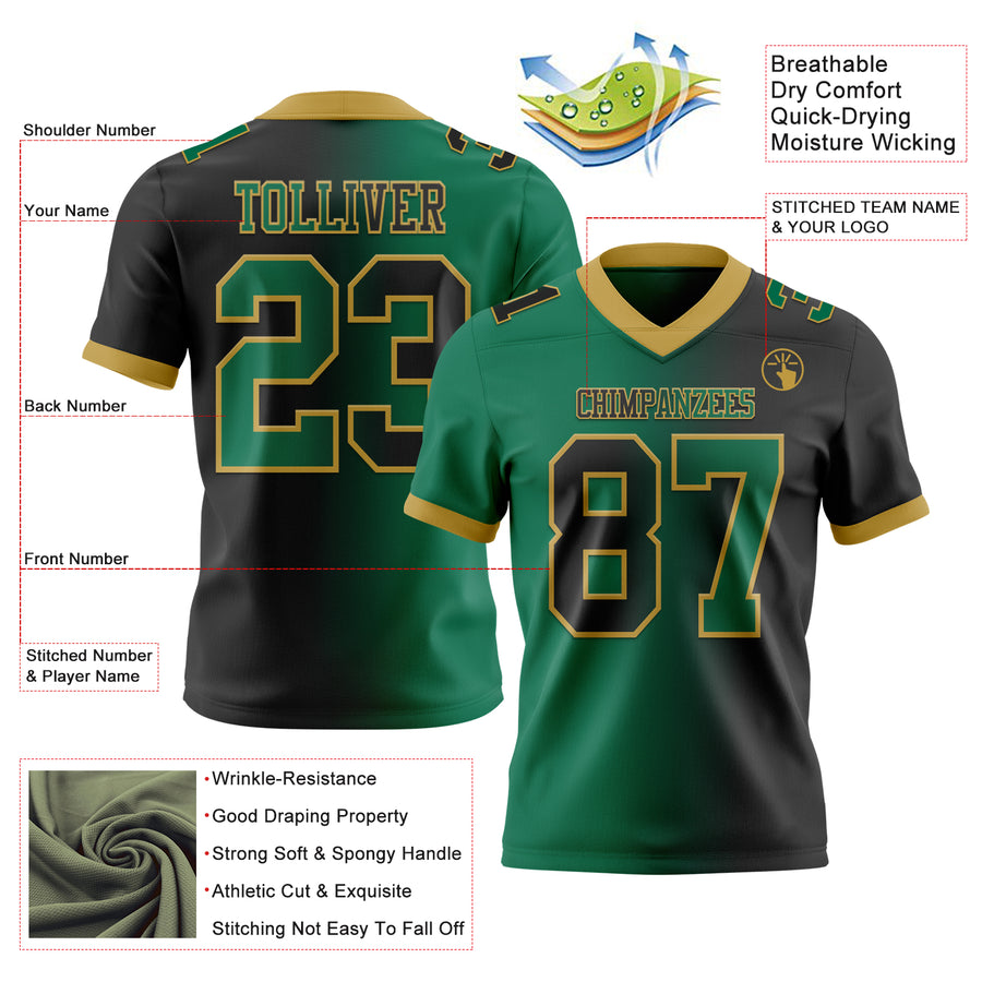 Custom Black Kelly Green-Old Gold Authentic Gradient Fashion Football Jersey