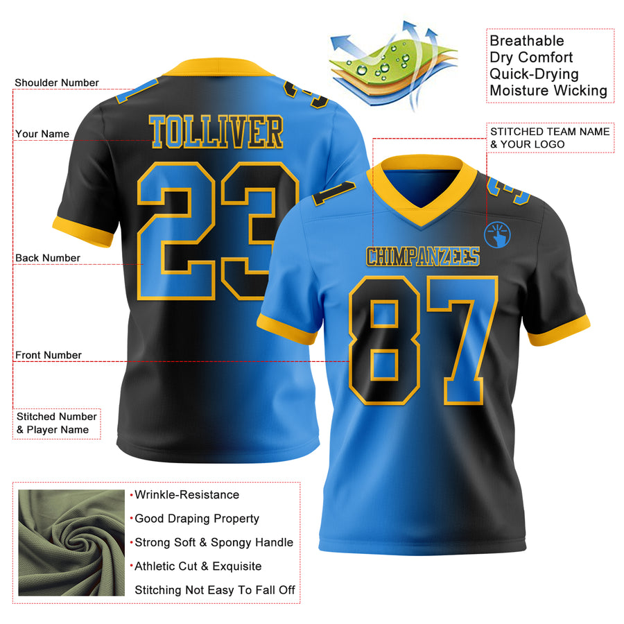 Custom Black Powder Blue-Gold Authentic Gradient Fashion Football Jersey