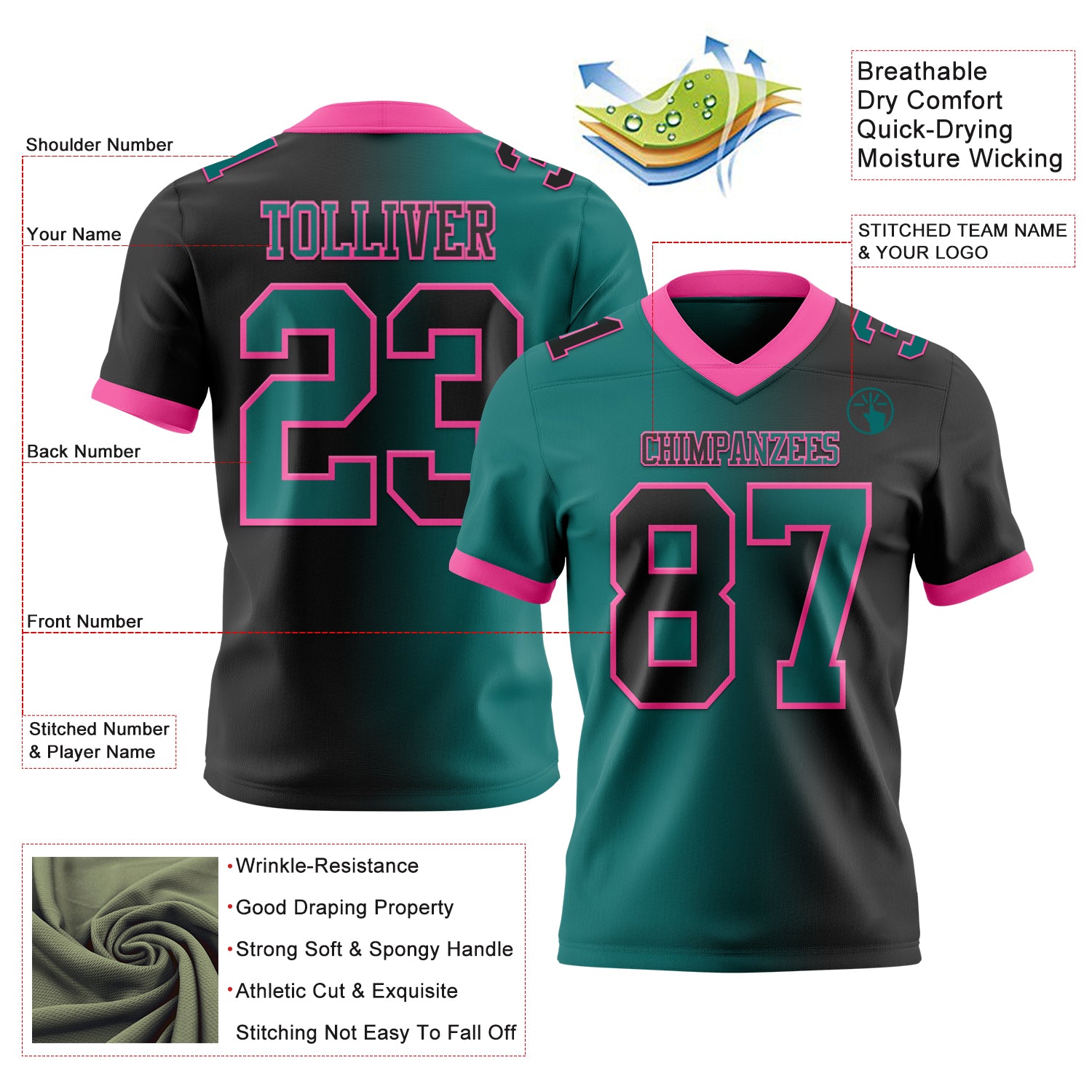 Custom Black Teal-Pink Authentic Gradient Fashion Football Jersey