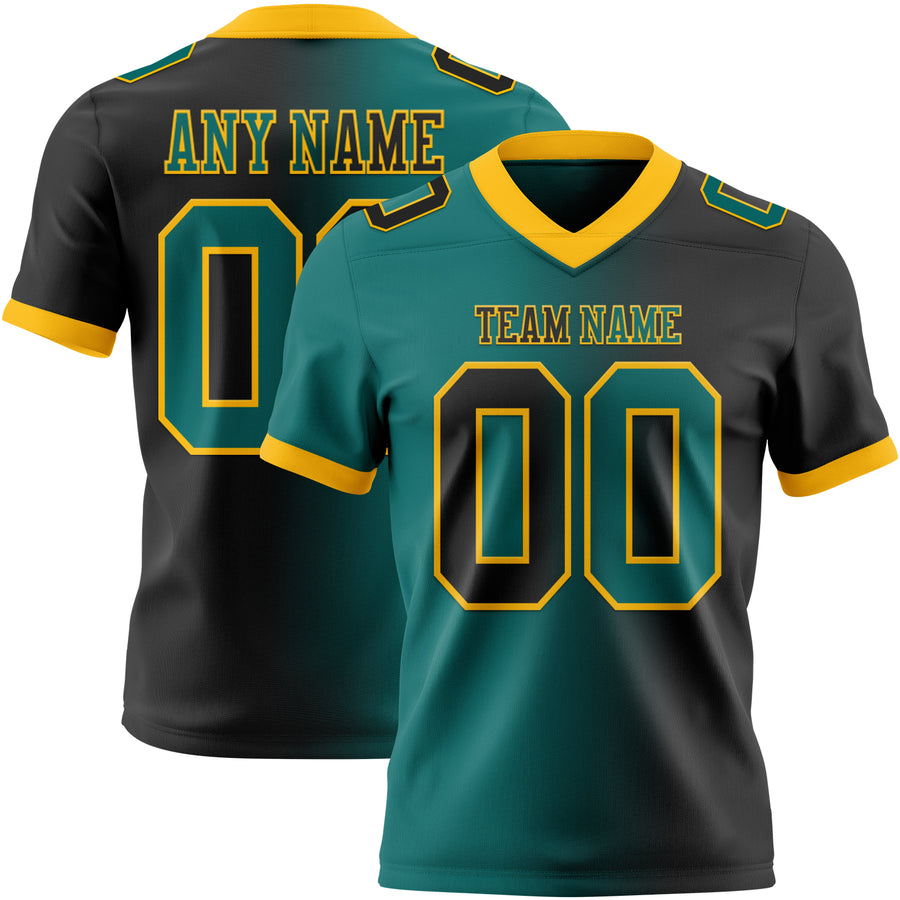 Custom Black Teal-Gold Authentic Gradient Fashion Football Jersey