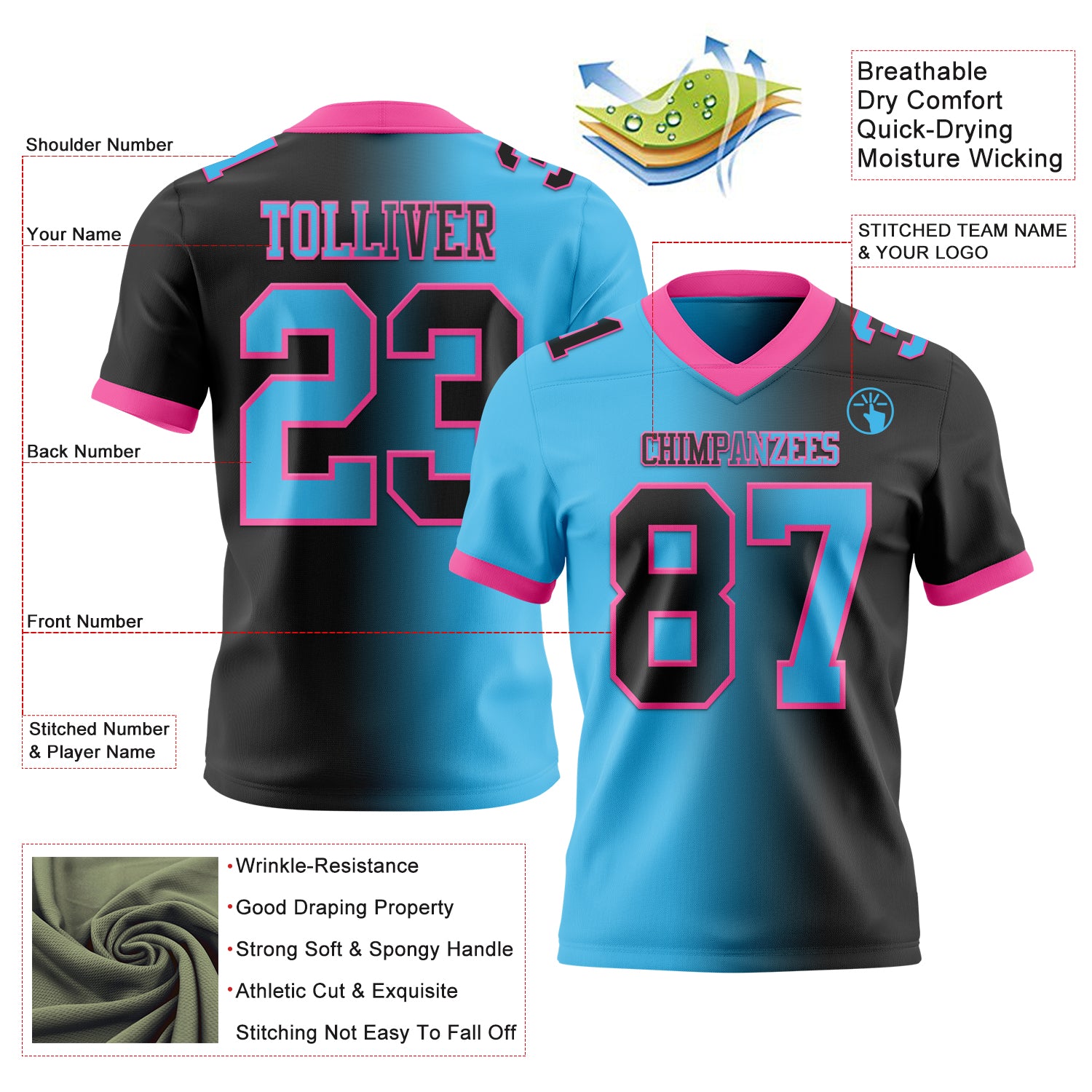 Custom Black Sky Blue-Pink Authentic Gradient Fashion Football Jersey