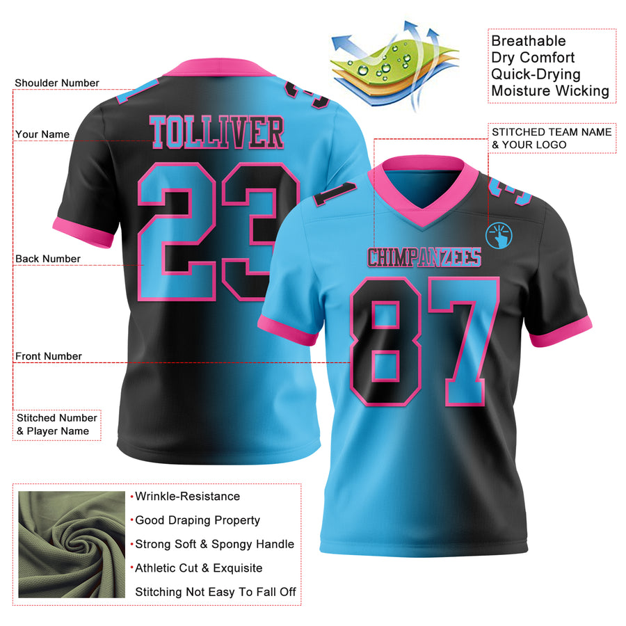Custom Black Sky Blue-Pink Authentic Gradient Fashion Football Jersey
