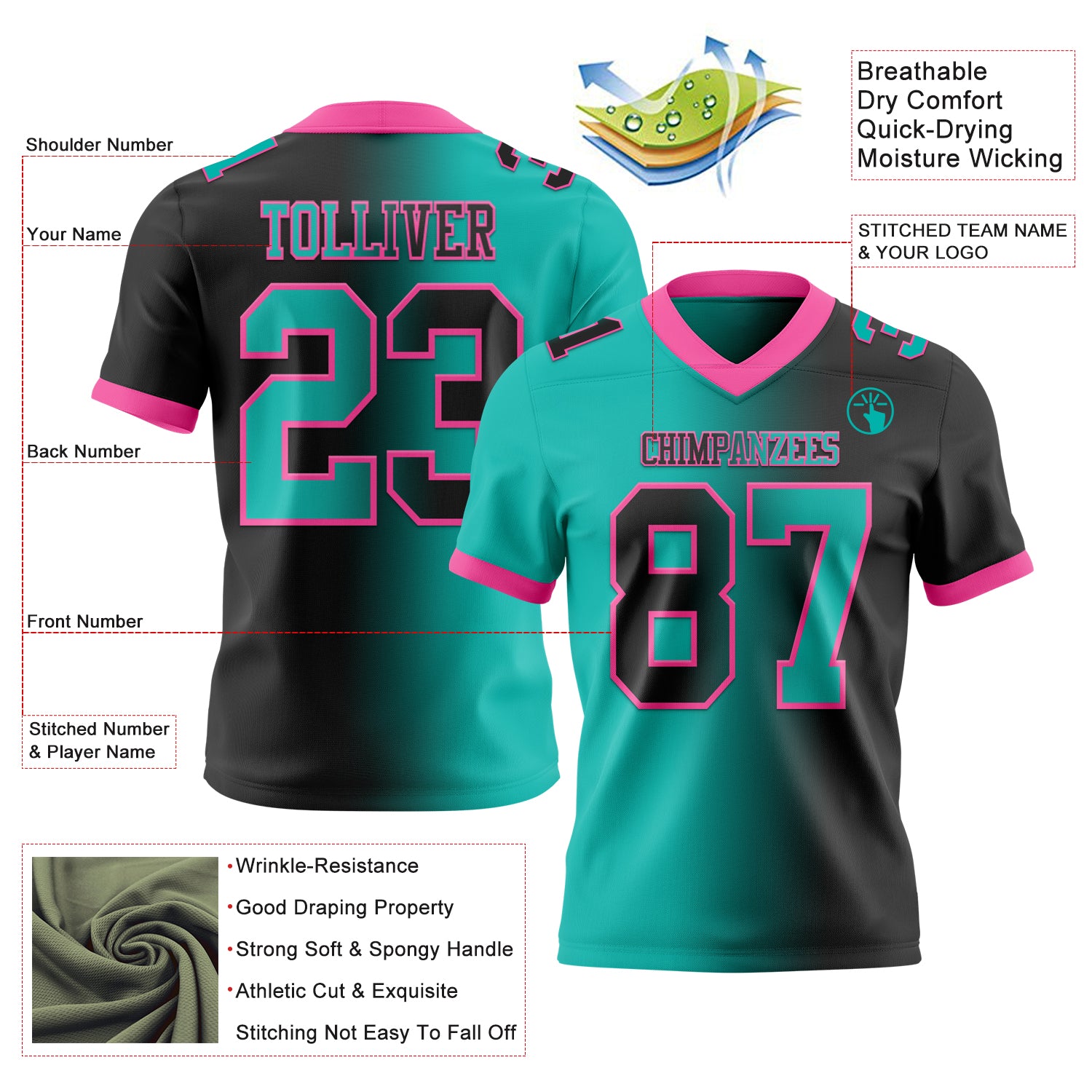 Custom Black Aqua-Pink Authentic Gradient Fashion Football Jersey