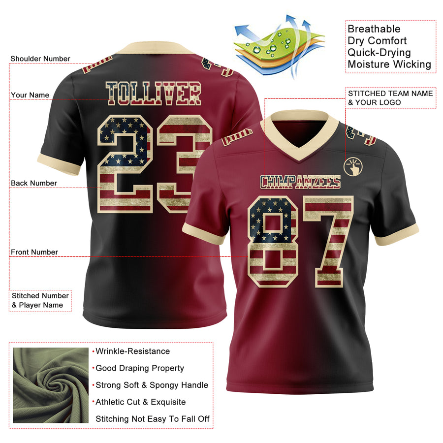 Custom Black Vintage USA Flag Crimson-Cream Authentic Gradient Fashion Football Jersey
