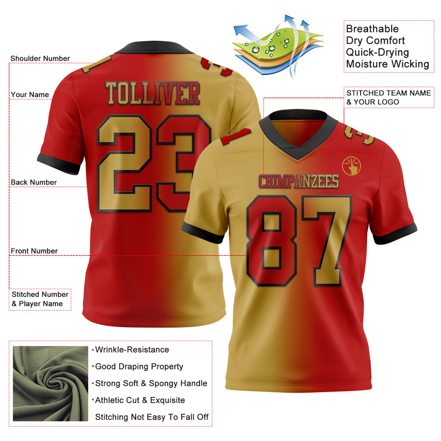 Custom Red Old Gold-Black Authentic Gradient Fashion Football Jersey
