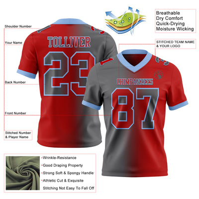 Custom Red Steel Gray-Light Blue Authentic Gradient Fashion Football Jersey