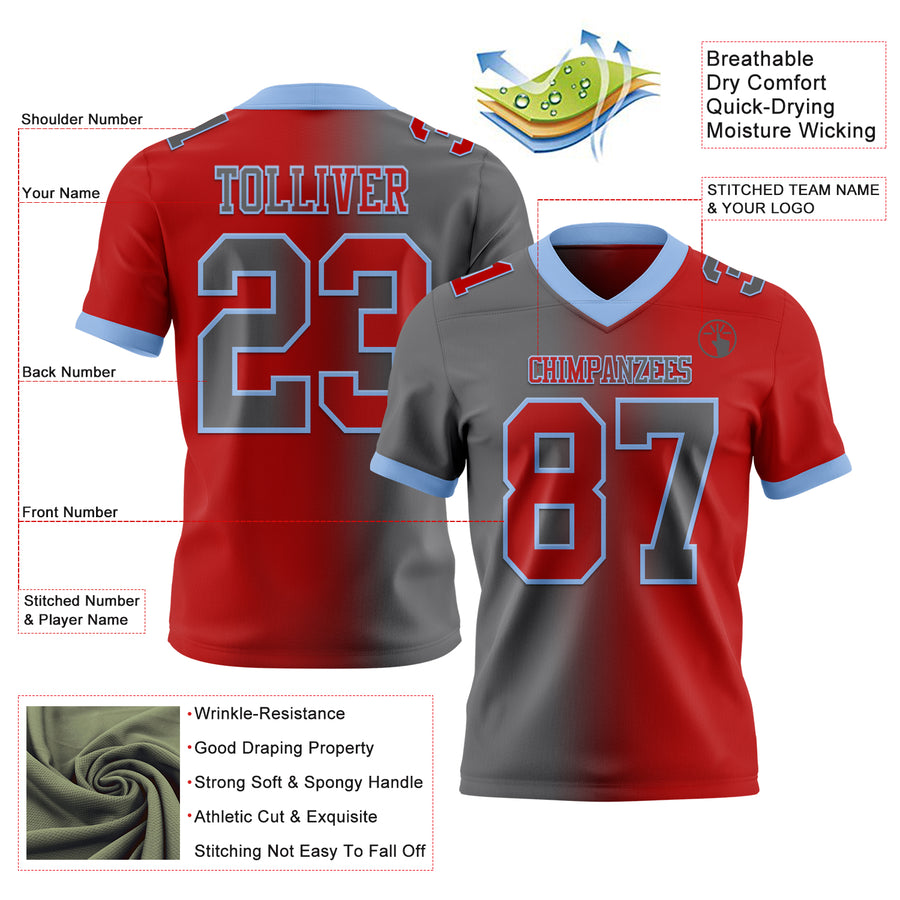 Custom Red Steel Gray-Light Blue Authentic Gradient Fashion Football Jersey