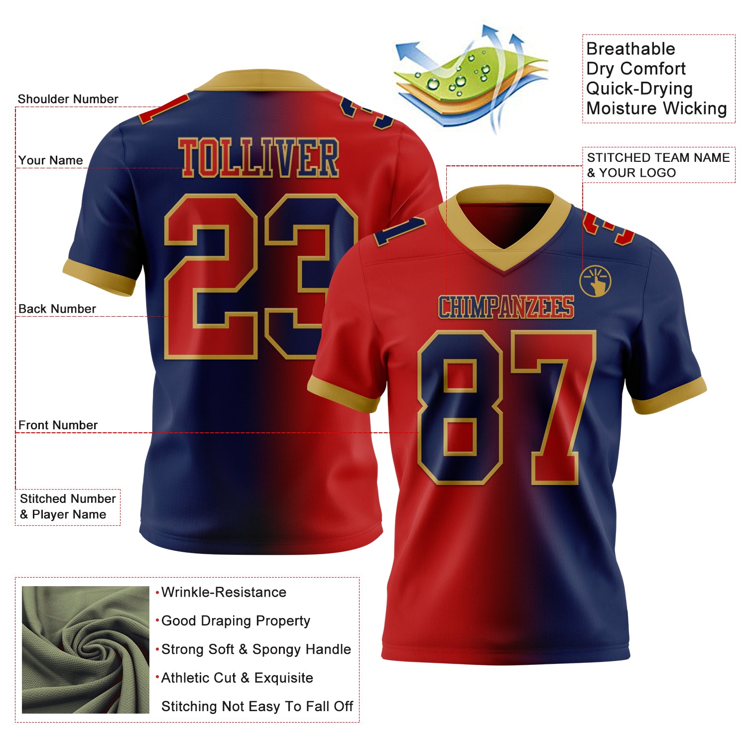 Custom Navy Red-Old Gold Authentic Gradient Fashion Football Jersey